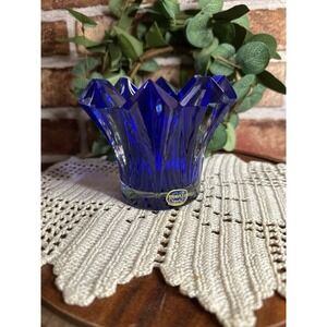 Vintage Bohemia Crystal Cobalt Blue Art Glass Candle Holder Vase 3.75" Tall